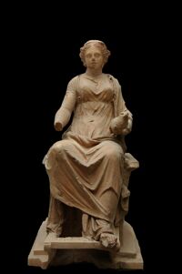 Figura femminile seduta di offerente con porcellino