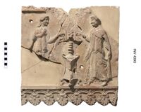 Lastra Campana con donne arcaistiche ai lati di un candelabro