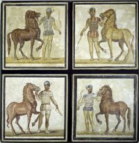 Emblema di mosaico pavimentale con auriga della Factio albata (bianco)